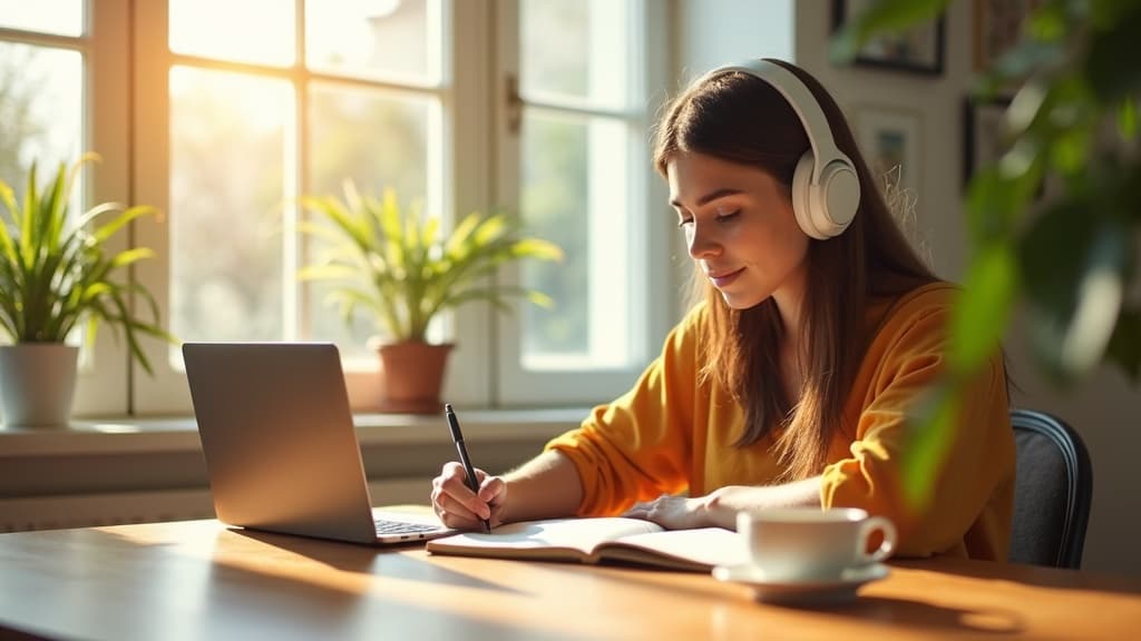 A person studying Brazilian Portuguese at a kitchen table with headphones, a notebook, and a laptop, warm morning light through the window