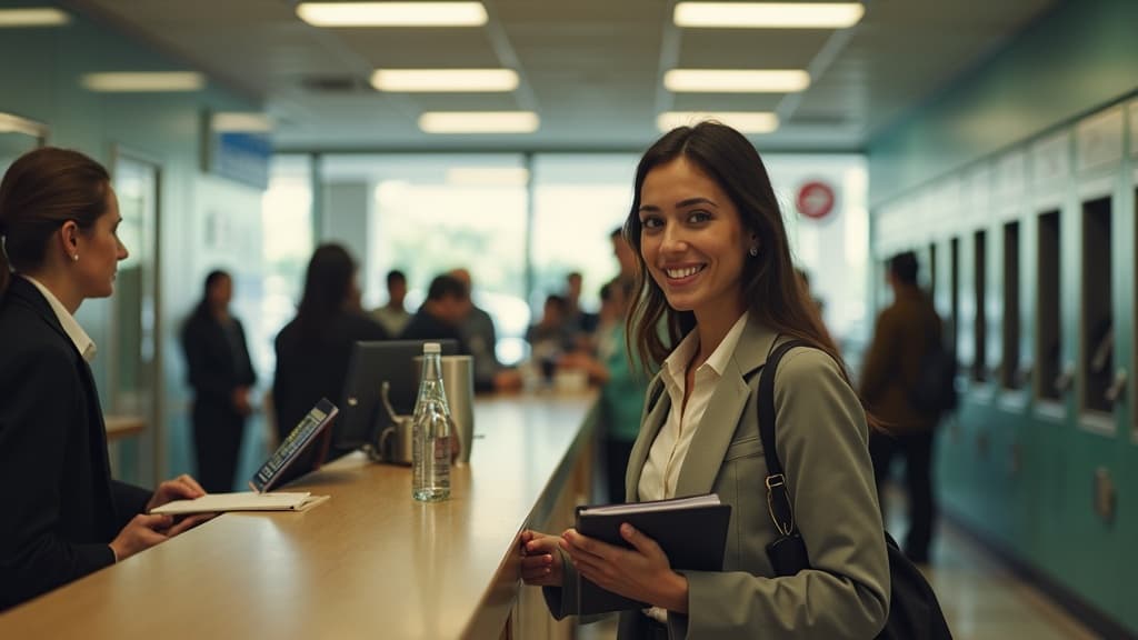 A woman holding a folder of documents waits at the counter of a busy Brazilian bank branch, teller windows and a queue of customers behind her