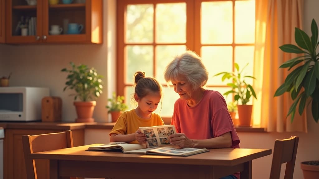 A grandmother and her adult grandchild looking through an old photo album at a kitchen table in warm afternoon light