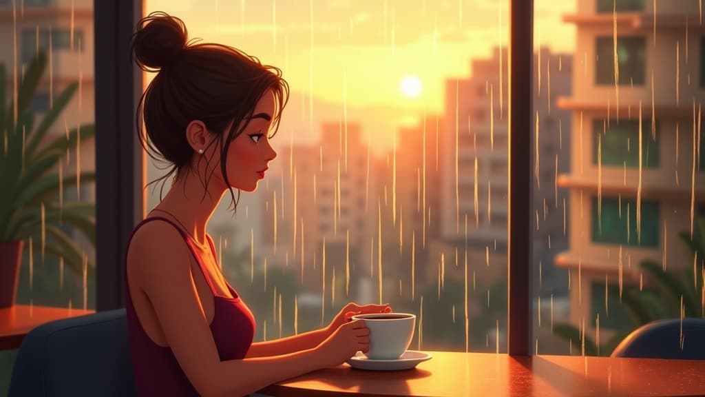 A person looking out a rain-streaked window with a coffee, a quiet longing on their face, warm afternoon light